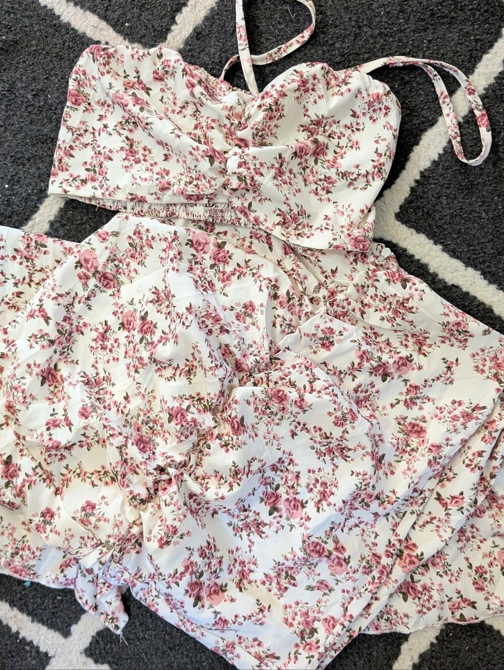 SHEIN White Floral Pink Rose Print Sundress